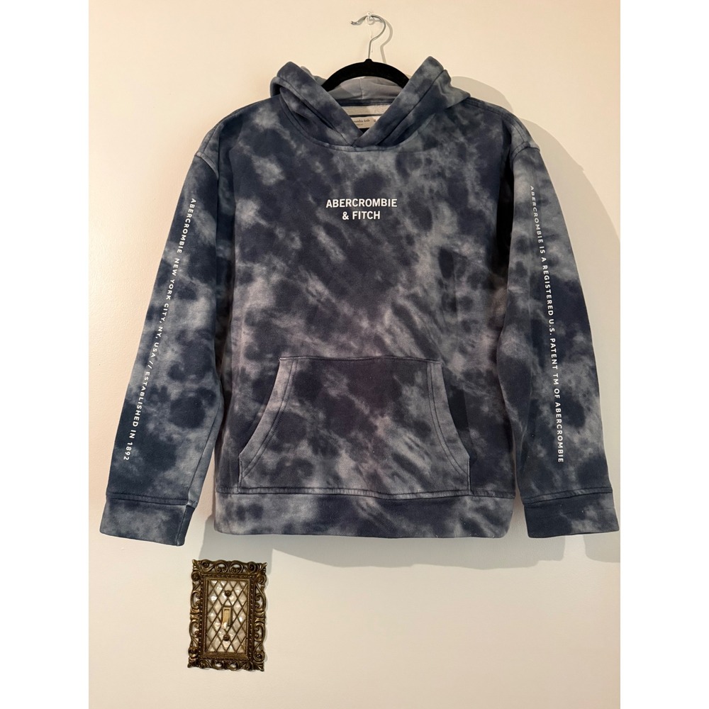 Abercrombie Kids Tie Dye Relaxed Fit Hoodie Blue Grey Logo Sweatshirt Size 13/14